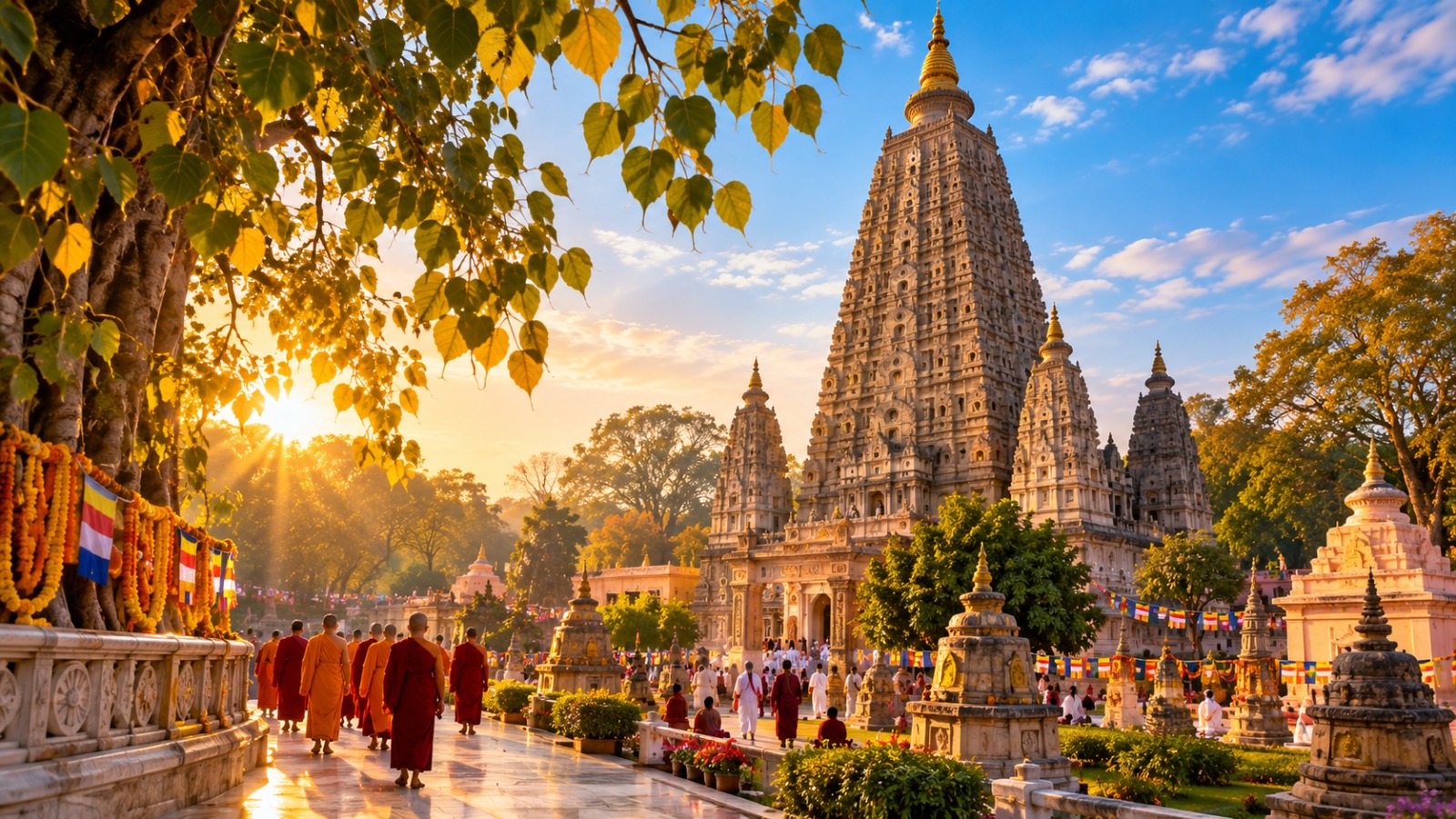 Mahabodhi Temple in Bodh Gaya with Buddhist pilgri